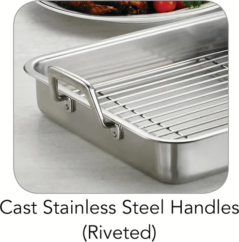 Vista 5 de Tramontina Bandeja para Asar de Acero Inoxidable de 13.5 Pulgadas con Rejilla, Asador de Pavo para Horno, Apto para Lavavajillas, Hecho en Brasil