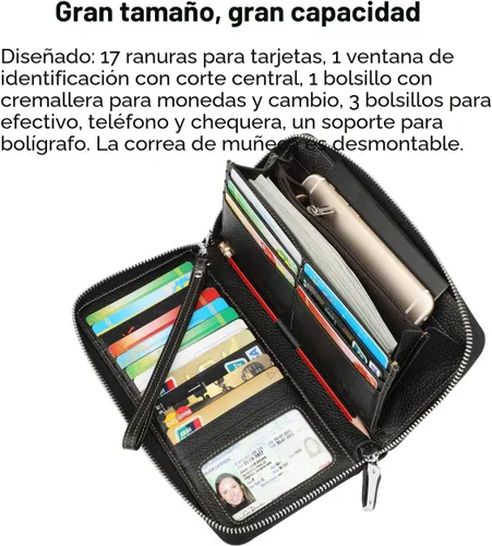 Vista 3 de Lavemi Pequeña cartera compacta para mujer, con bloqueo RFID, de piel auténtica, plegable, con ventanas de identificación