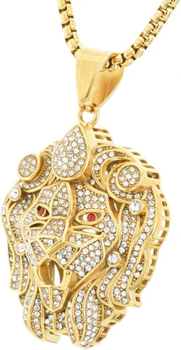 Vista 2 de Collar de cadena SCP para hombre con cabeza de león chapado en oro de acero inoxidable chapado en plata de 20 pulgadas