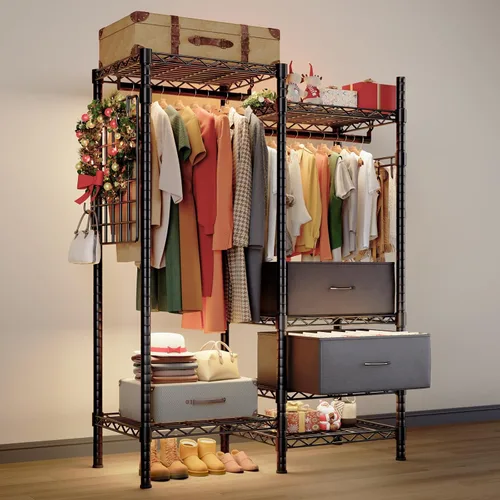 Vista 9 de HOKEEPER Perchero de ropa resistente para colgar ropa, cargas de 1200 libras, armarios portátiles ajustable con cajones desmontables, tablero