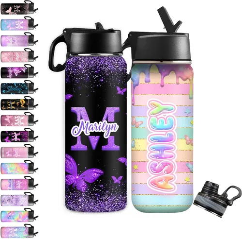 Vista 24 de InterestPrint Botella de agua personalizada para niños de 18 onzas con tapa de pajilla, botella de agua aislada de doble pared de acero inoxidable