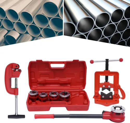 Vista 5 de Kit de enhebrador manual de tubo de trinquete, con cinco moldes + cortador de tubos + tornillo de banco para corte profesional y roscado de tubos