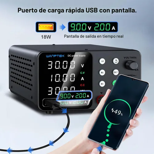 Vista 5 de Fuente de alimentación DC variable, fuentes de alimentación de banco ajustables y reguladas de 30 V 10 A con ajuste de memoria/tecla de Negro