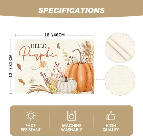 Vista 5 de Artoid Mode Juego de 2 manteles individuales de otoño de 12 x 18 pulgadas con diseño de hojas florales de calabaza naranja y calabaza