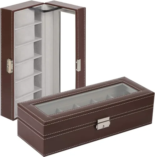 Vista 4 de NEX Caja de reloj organizador para hombres de piel sintética superior de cristal para el almacenamiento de relojes
