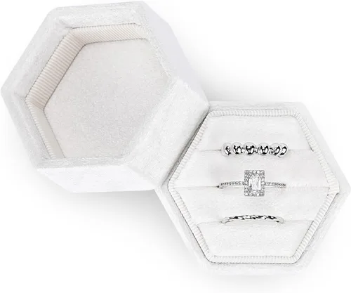 Vista 12 de WantGor Caja del anillo de la joyería del terciopelo, 3 ranuras anillo Beige