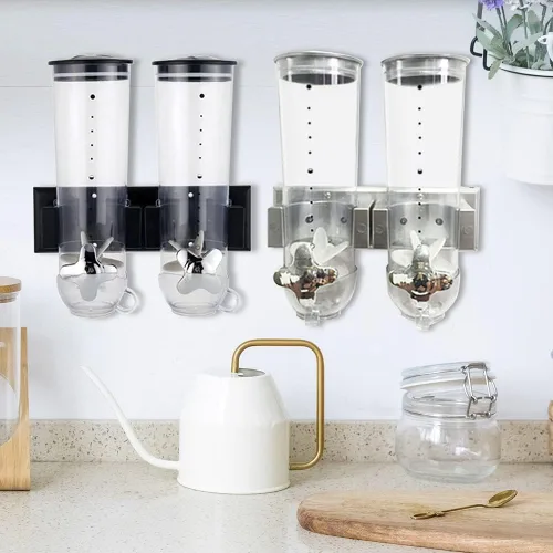 Vista 6 de Dispensador de cereales para montar en la pared, organizador de cereales, dispensador de granos de café con 2 cubos y 2 tazas, almacenamiento