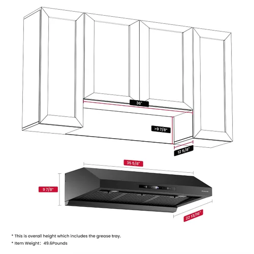 Vista 6 de GASLAND Master Campana extractora debajo del gabinete de 36 pulgadas, negro mate, 700 CFM para ventilador de escape de cocina de cocción de alta