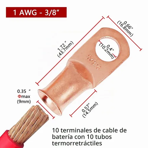 Vista 3 de 10 piezas de lengüetas de batería de 1 AWG-3/8, lengüetas de cable de cobre, extremos de cable de batería resistentes listados UL, terminales