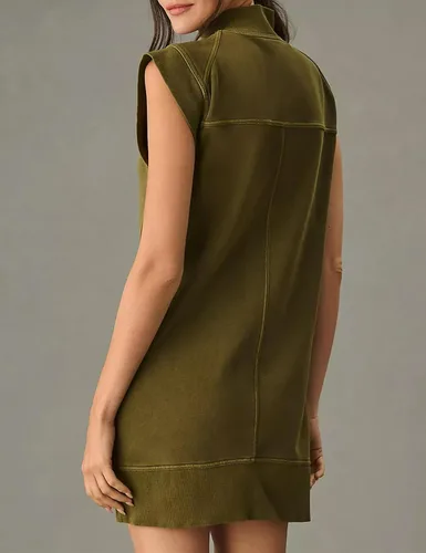 Vista 2 de Labolliy Vestido corto con cuello de solapa y media cremallera para mujer, manga casquillo, dobladillo con abertura, color liso, casual