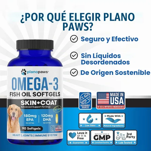 Vista 4 de Aceite de pescado Omega 3 para perros, 90 cápsulas blandas, piel, abrigo, soporte para el desprendimiento