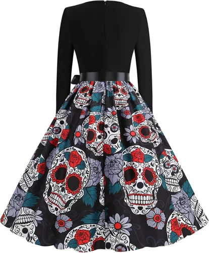 Vista 4 de Disfraces de Halloween para mujer, cuello en V, manga larga, estampado de calavera, vestido de Halloween con cinturón.