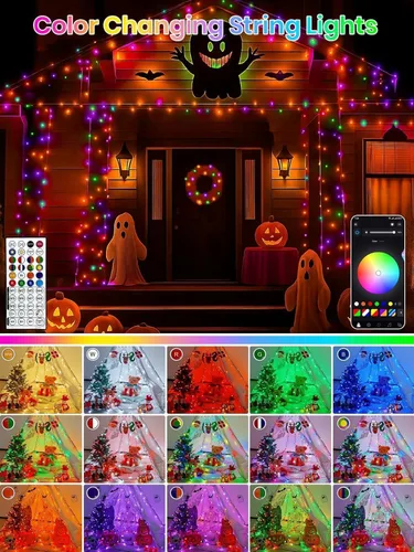 Vista 2 de Cadena de luces que cambian de color inteligente de 240 LED, 92 pies, luz de otoño naranja, control remoto con aplicación Music Sync, Multi