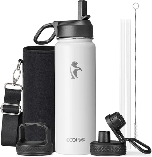 Vista 24 de Coolflask Botella de agua de 20 onzas aislada con pajilla, 3 tapas de metal de acero inoxidable, botella de agua de boca ancha para deportes u