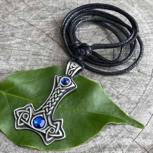 Vista 5 de Joyería vikingo celta nórdico Mjolnir joya azul cristal THORS Mjölnir Thor's Hammer Thor protección amuleto peltre hombre colgante collar riqueza