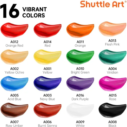 Vista 3 de Juego de pintura acrílica Shuttle Art, 16 tubos de 12 ml, calidad de artista, pigmentos ricos no tóxicos, colores ideales para niños, adultos