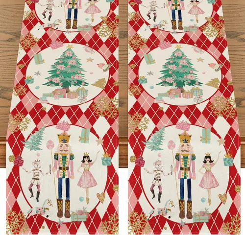 Vista 11 de Artoid Mode Camino de mesa de Navidad con diseño de cascanueces y copos de nieve con diamantes azules a cuadros, decoración estacional de invierno