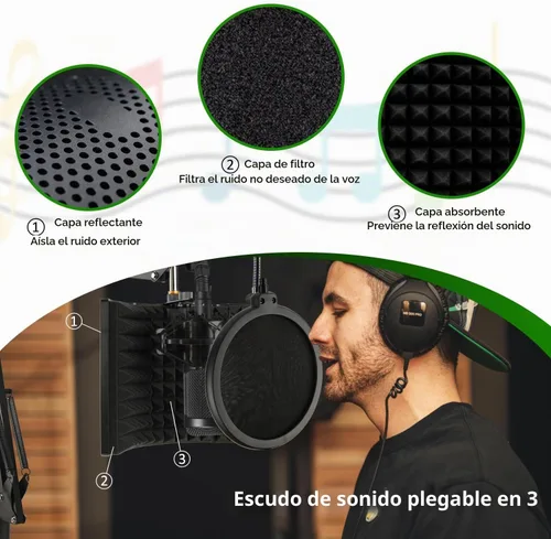Vista 2 de Escudo de aislamiento de micrófono, espuma plegable absorbente de sonido para brazo de micrófono de condensador, equipo de grabación de estudio