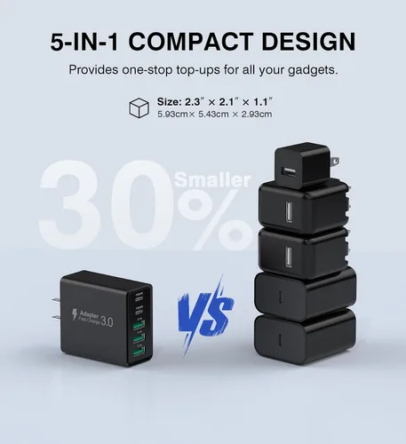 Vista 6 de [Paquete de 2] Cargador de pared USB C, bloque de cargador USB C de 50 W, bloques de carga rápida PD de 5 puertos, 2USB C + 3USB A enchufe