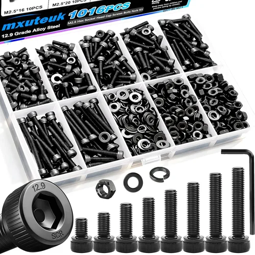 Vista 8 de mxuteuk Juego de tornillos M5 de 185 piezas, kit de tuercas, pernos y tornillos de cabeza hexagonal M5, pernos de acero de aleación de grado 12.9