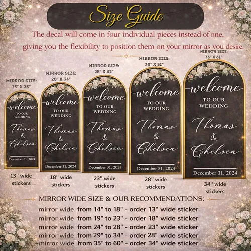 Vista 4 de Calcomanía con texto en inglés "Welcome to Our Wedding Mirror" – Soon to Be Mr & Mrs - Calcomanía de espejo personalizable – Just Married