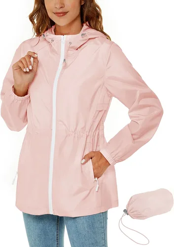 Vista 8 de Avoogue Chaqueta impermeable para mujer, ligera, plegable, con capucha, rompevientos con bolsillo activo