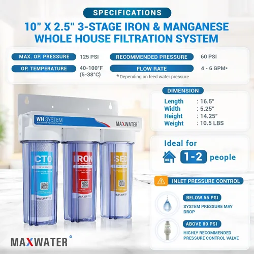 Vista 2 de Max Water Sistema de filtración de agua de 3 etapas para toda la casa - Sedimento+Manganeso de hierro+CTO Post Carbono-3/4" Entrada/Salida