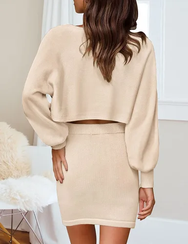 Vista 2 de MEROKEETY Conjunto de 2 piezas de manga abombada para mujer, conjunto de falda corta de color liso