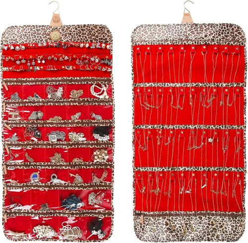 Vista 13 de Angelina's Palace Tenby Jewelry - Organizador de doble cara para colgar en el armario, rollo de almacenamiento de joyas, 24 barras de anillos