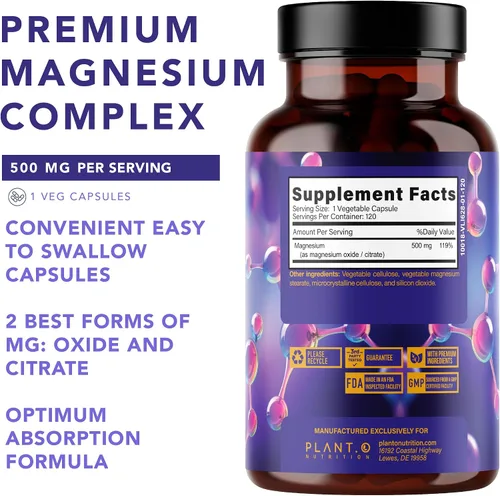 Vista 2 de Plant.O Suplemento de magnesio premium [óxido vegano y citrato, 500 mg] Complejo de alta absorción para dormir, calmar, relajante muscular, energía