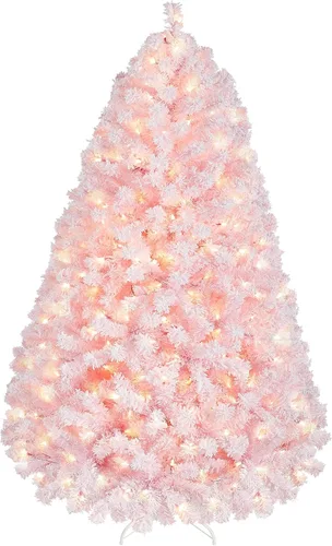 Vista 17 de Yaheetech - Árbol artificial de Navidad preiluminado de 9 pies con luces incandescentes de color blanco cálido, árbol de Navidad con flecos de Verde