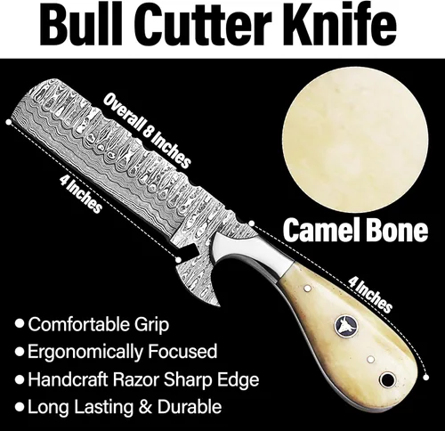 Vista 2 de Cuchillo cortador de toros de Damasco hecho a mano de 8 pulgadas con funda de cuero, cuchillo vaquero occidental para caza, desollar, acampar