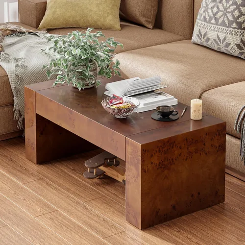 Vista 10 de COZAYH Mesa de café moderna de madera con acabado en buril, patas gruesas, mesa central rectangular para sala de estar, diseño elegante