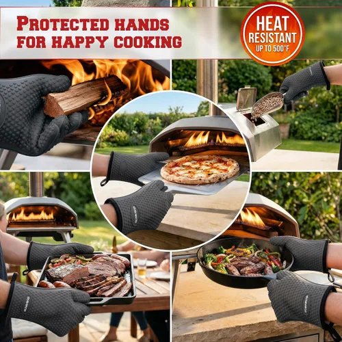 Vista 3 de KITCHEN PERFECTION Guantes de silicona para horno de pizza, guantes extremadamente resistentes al calor para hornos de pizza al aire libre e