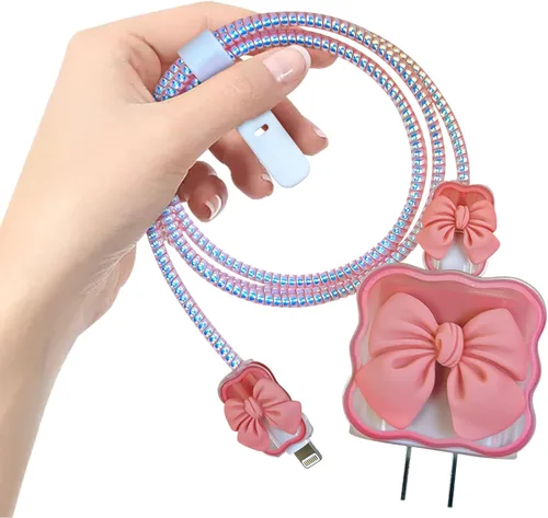 Vista 8 de CameCosy - Protector de cable de teléfono Kawaii para iPhone de 18 W/20 W, cargador USB-C con diseño de ondas de lazo 3D, funda protectora de Negro
