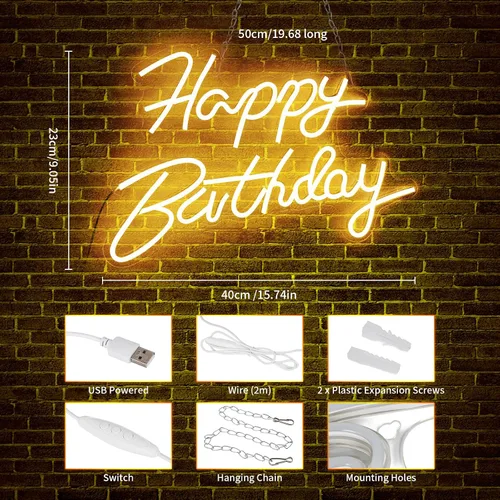Vista 2 de Letrero de neón de feliz cumpleaños para decoración de pared, letrero de luz LED de neón con interruptor regulable, cartel iluminado de feliz