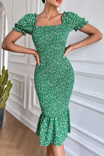 Vista 8 de PRETTYGARDEN - Vestido midi ajustado floral de verano para mujer, vestido de cóctel de sirena con dobladillo con volantes y manga corta abullonada