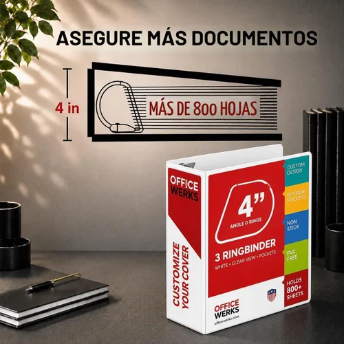Vista 6 de Paquete de 2 carpetas de 3 anillos de 4 pulgadas, capacidad para 800 hojas, anillo en D resistente, color blanco