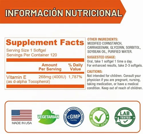 Vista 4 de LOVITA Vitamina E 400 UI cápsulas blandas veganas, vitamina E natural 268 mg (como D alfa tocoferol), para piel sana, cabello, uñas, antioxidantes