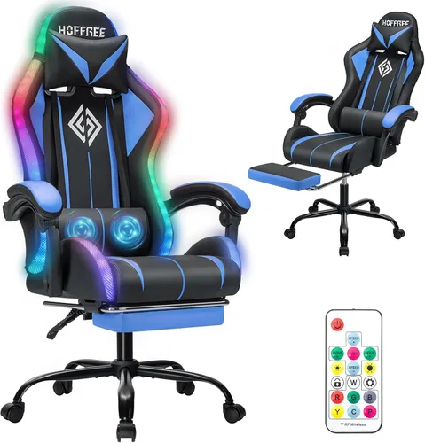 Vista 12 de HOFFREE LED Gaming Chair with Massage RGB Lights Computer Game Chair-Red Rojo + negro