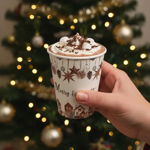 Vista 7 de Gerrii - Juego de 100 vasos de papel de Navidad de 12 onzas con tapas, acogedor invierno