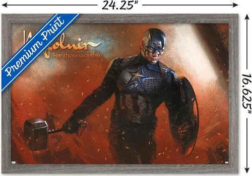 Vista 3 de Trends International Marvel: Year of The Shield - Póster de pared de Mjolnir, 22.4 pulgadas de largo x 14.7 pulgadas, versión enmarcada de madera