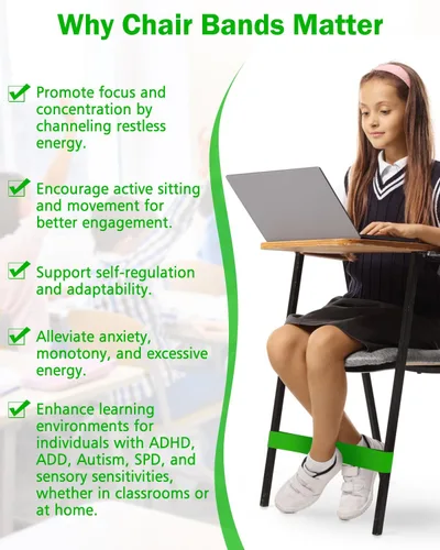 Vista 7 de Paquete de 10 bandas para sillas para niños con pies inquietos, imprescindibles para el aula, asientos flexibles para enfoque sensorial, Fidget