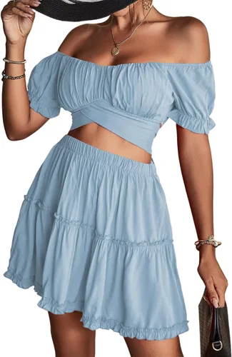 Vista 6 de LYANER Conjunto de 2 piezas para mujer con estampado floral y hombros descubiertos y minifalda