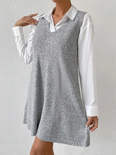 Vista 3 de SHENHE Vestido tipo suéter de punto largo con cuello en V y ajuste holgado para mujer