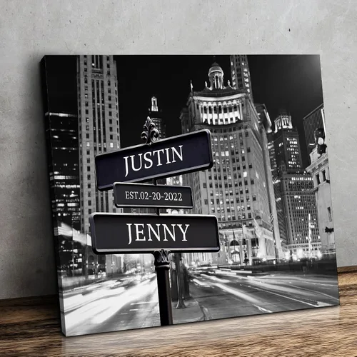 Vista 33 de CP CANVASPATH Letrero de calle con el nombre de la pareja y la fecha, impresiones personalizadas en lienzo del puente de Manhattan por la noche