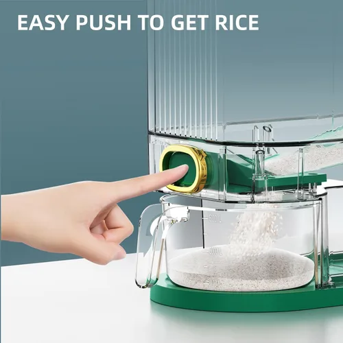 Vista 4 de Dispensador de arroz, contenedor de arroz de 22 libras a 25 libras con taza medidora, tapa mejorada con diales de tiempo y caja fresca incorporada.