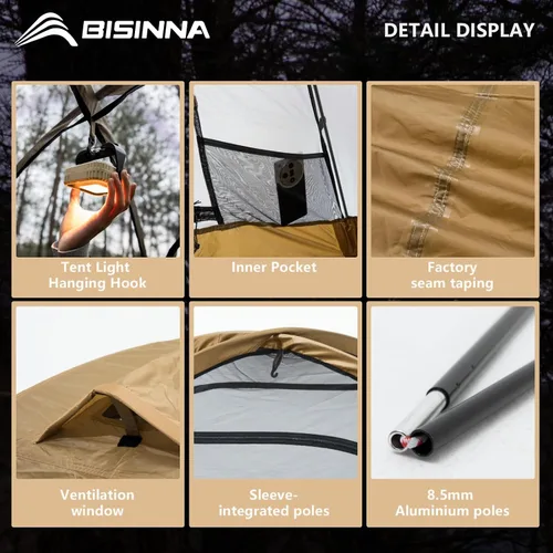 Vista 7 de BISINNA Tienda de campaña para 2 personas, ligera, impermeable, 3 estaciones, con poste de aluminio para montañismo al aire libre, senderismo, viajes