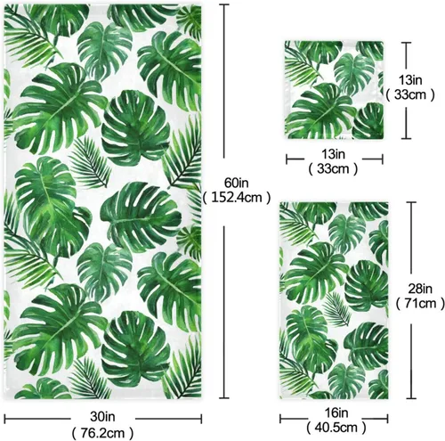 Vista 3 de Vdsrup Juego de 3 toallas de baño de verano con hojas de palma tropical, toallas de mano de hojas de selva tropical, toalla suave y fina