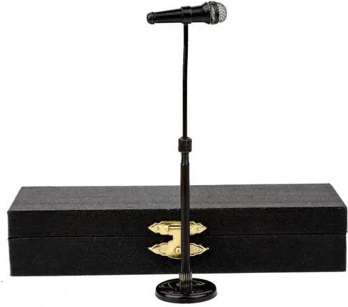 Vista 2 de Escultura de réplica de micrófono miniatura ajustable escala 1/12 con estuche 3.15"-5.12" Black Miniature Microphone Mini Musical Instrument